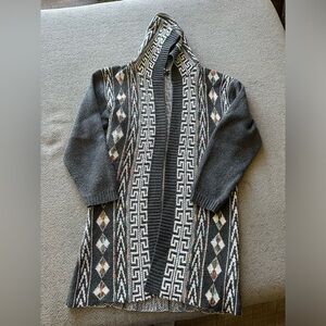 Long Hooded Geometric Pattern Open-Front Cardigan - Charcoal Gray